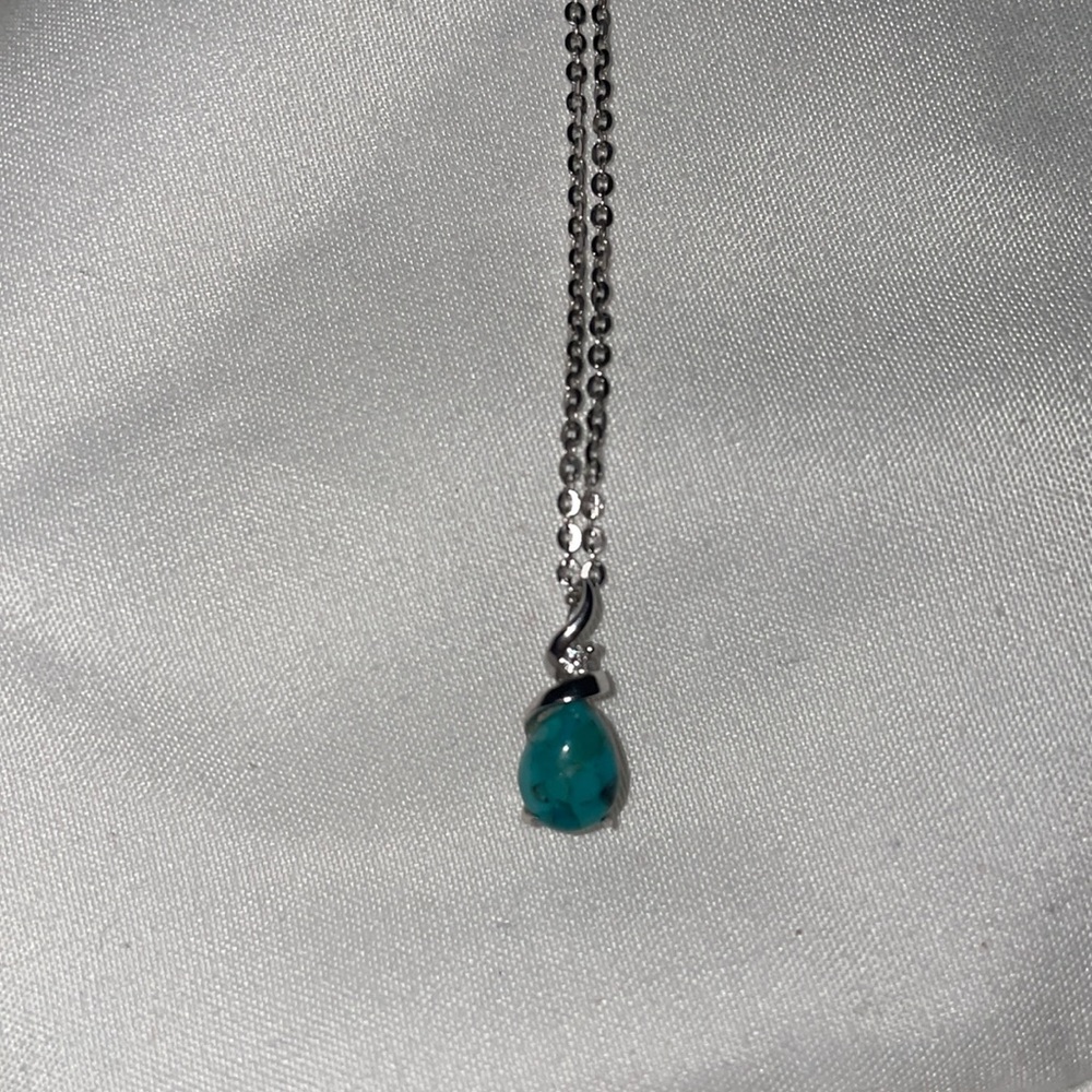 Genuine turquoise and 14k white gold pendant necklace with sterling silver chain